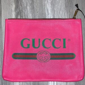 Gucci Hot Pink Leather Pouch with Green Logo Stripe